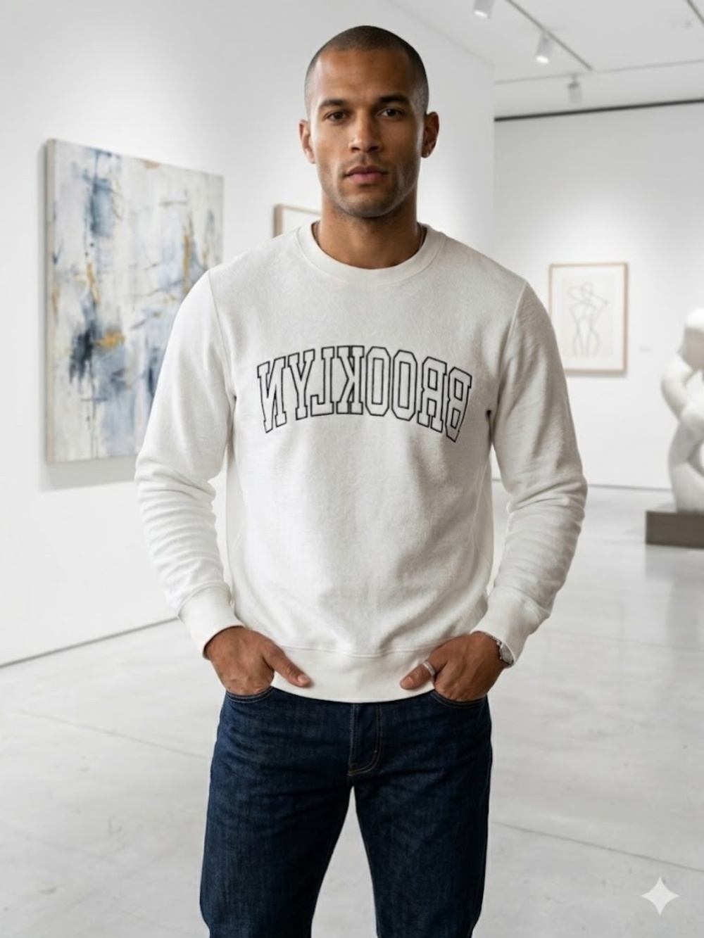 Ovadia & Sons Reverse BROOKLYN Graphic Sweatshirt White L Distressed Textured